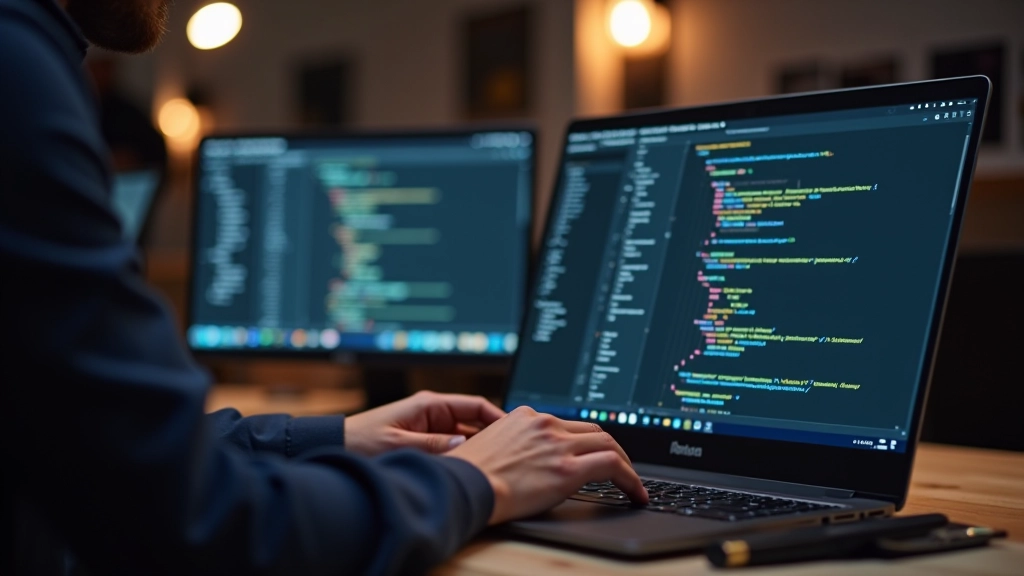 Designer aan het werk op computer met code editor open en responsive design mockups