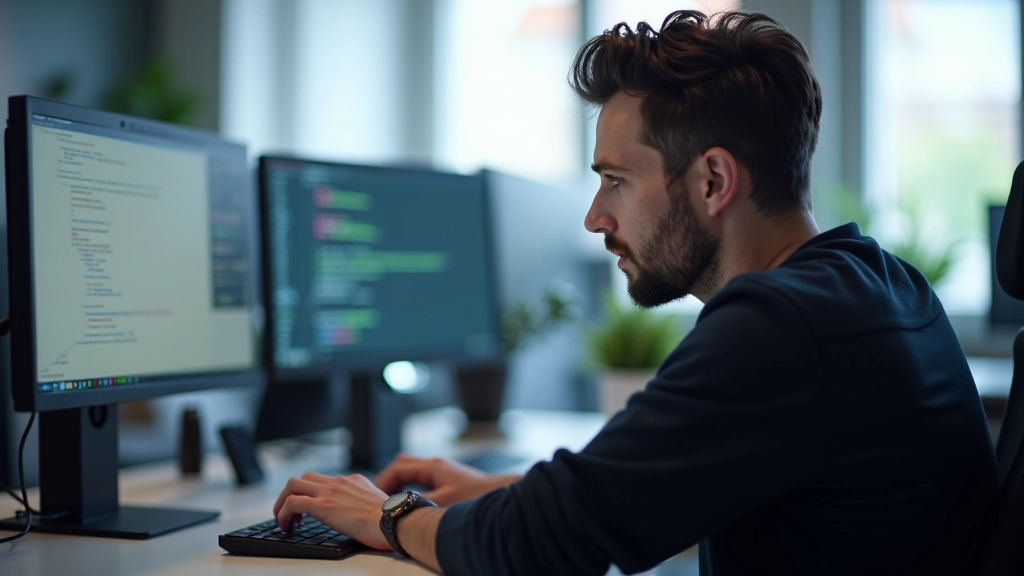 Developer die aan responsieve layouts werkt, meerdere schermgrootten zichtbaar in moderne IDE