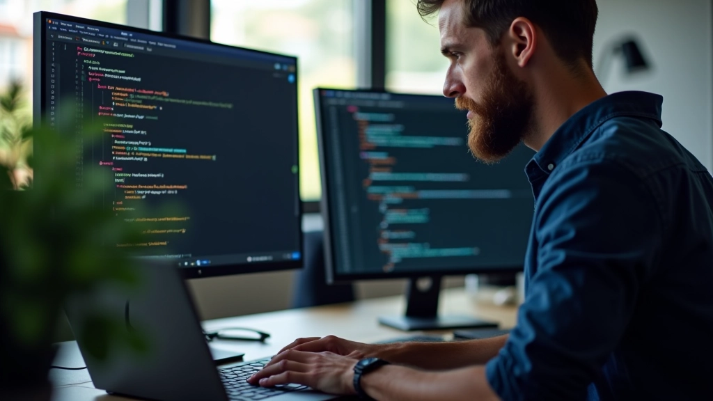 Developer aan het werk met VS Code open, CSS media queries zichtbaar, responsive design testing tools actief