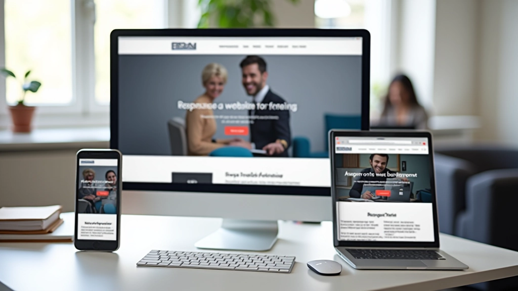 Verschillende apparaten naast elkaar: smartphone, tablet, en desktop monitor met dezelfde responsive website erop